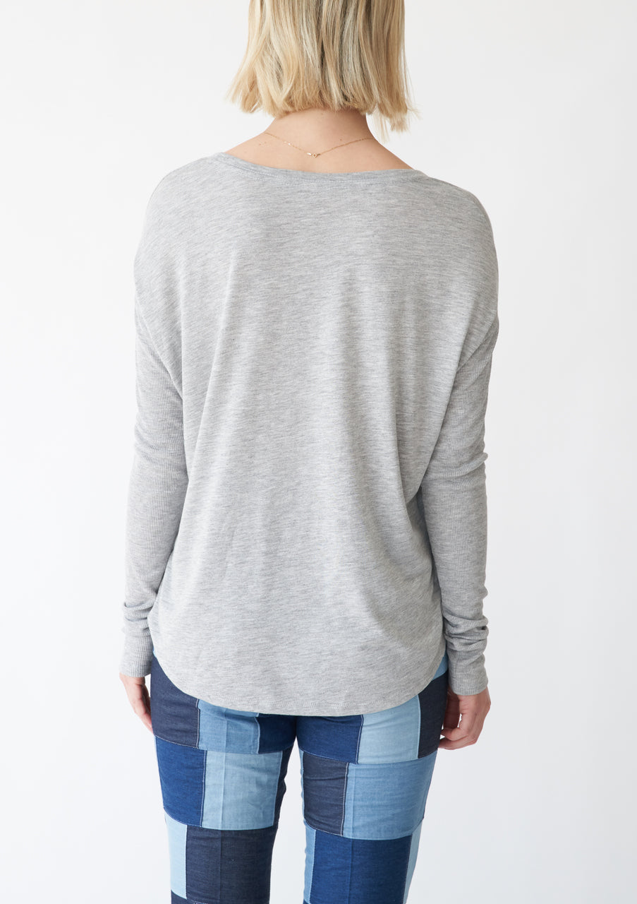  EB Earth Body Sela Ribbed Sleeve Relaxed-Fit Long Sleeve Shirt - Heather Gray - Bonton