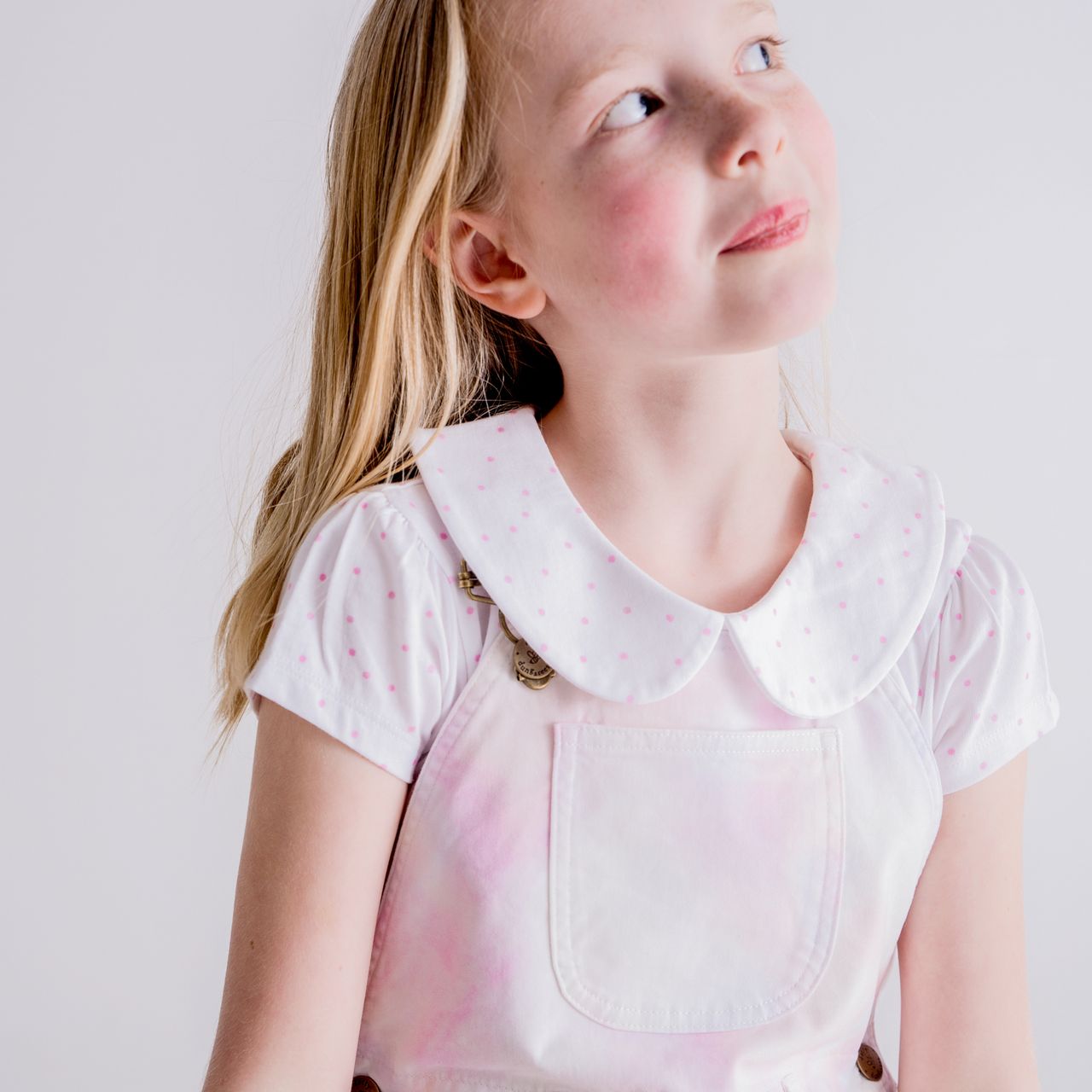  Dotty Dungarees Short Sleeved Peter Pan Collar T-Shirt - Pink Dot - Bonton