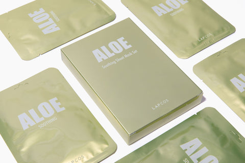 5-pack box with soothing aloe vera face mask. 5 sheet masks within. Hydrating skin korean beauty mask