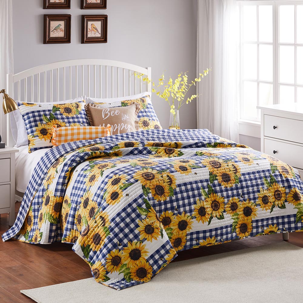  Greenland Home Fashions Sunflower Oversized Reversible Quilt Set - Gold - Bonton