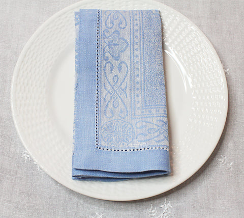 Astra Set of 6 Linen Napkins - Ivory and Light Blue