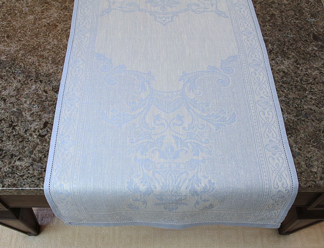  French Home Astra Linen Table Runner - Ivory and Light Blue - Bonton