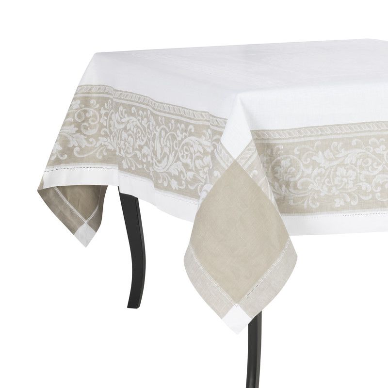  French Home Versailles Linen Tablecloth - White and Beige - Bonton