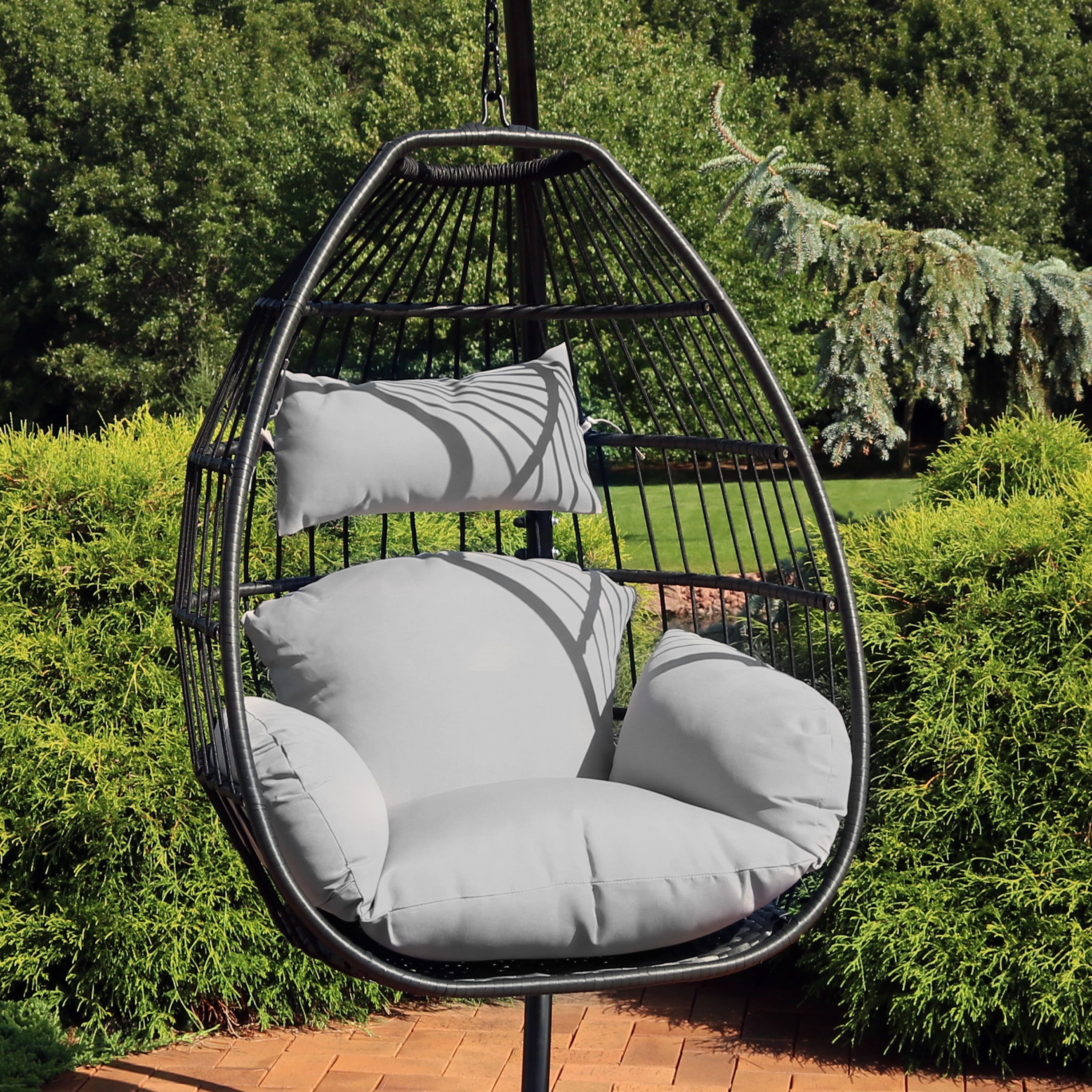  Sunnydaze Decor Resin Wicker Delaney Hanging Basket Egg Chair Swing with Cushions and Headrest - 2 Piece Set - Grey - Bonton