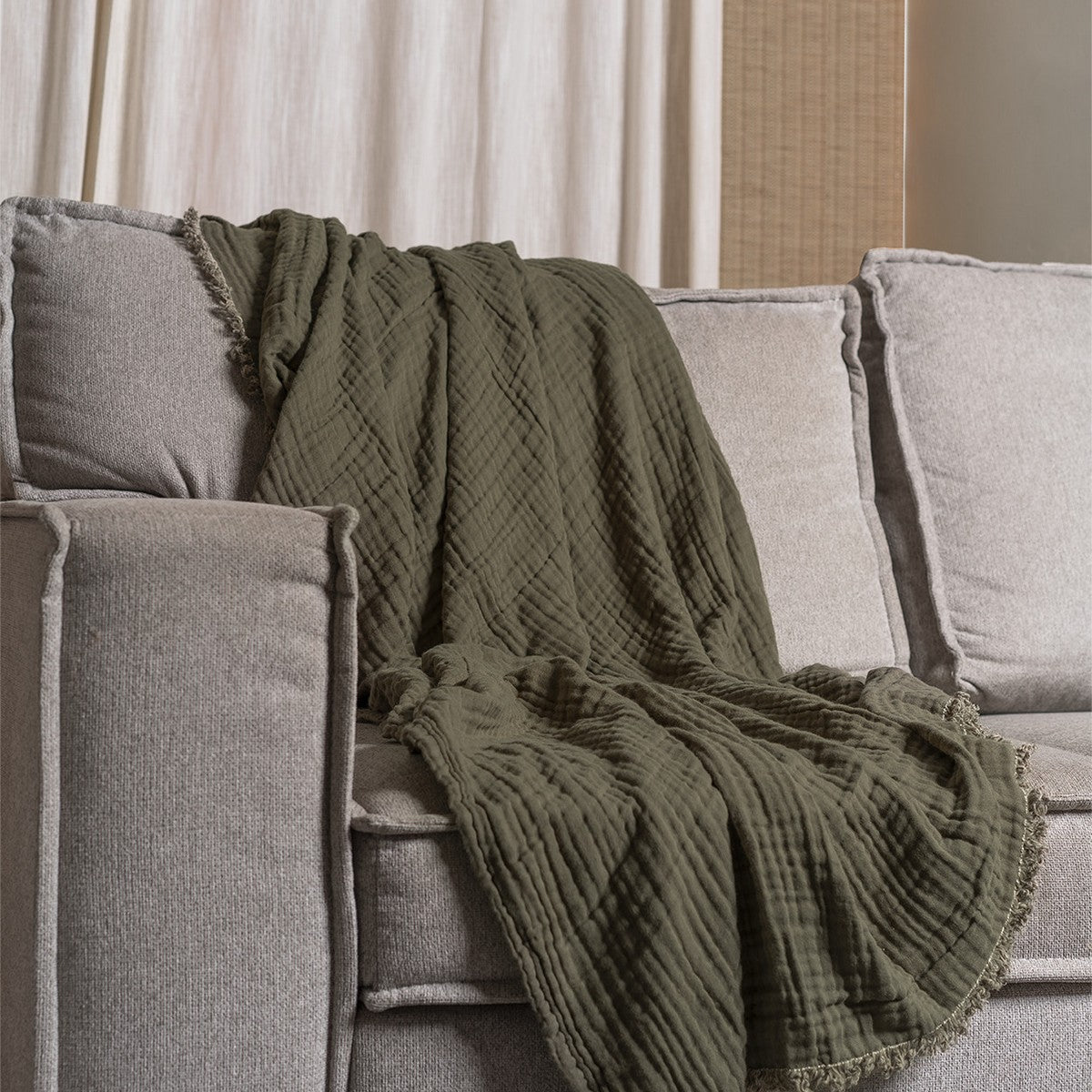  Two-Toned Organic Throw Blanket Olive Green - Olive Green - Bonton