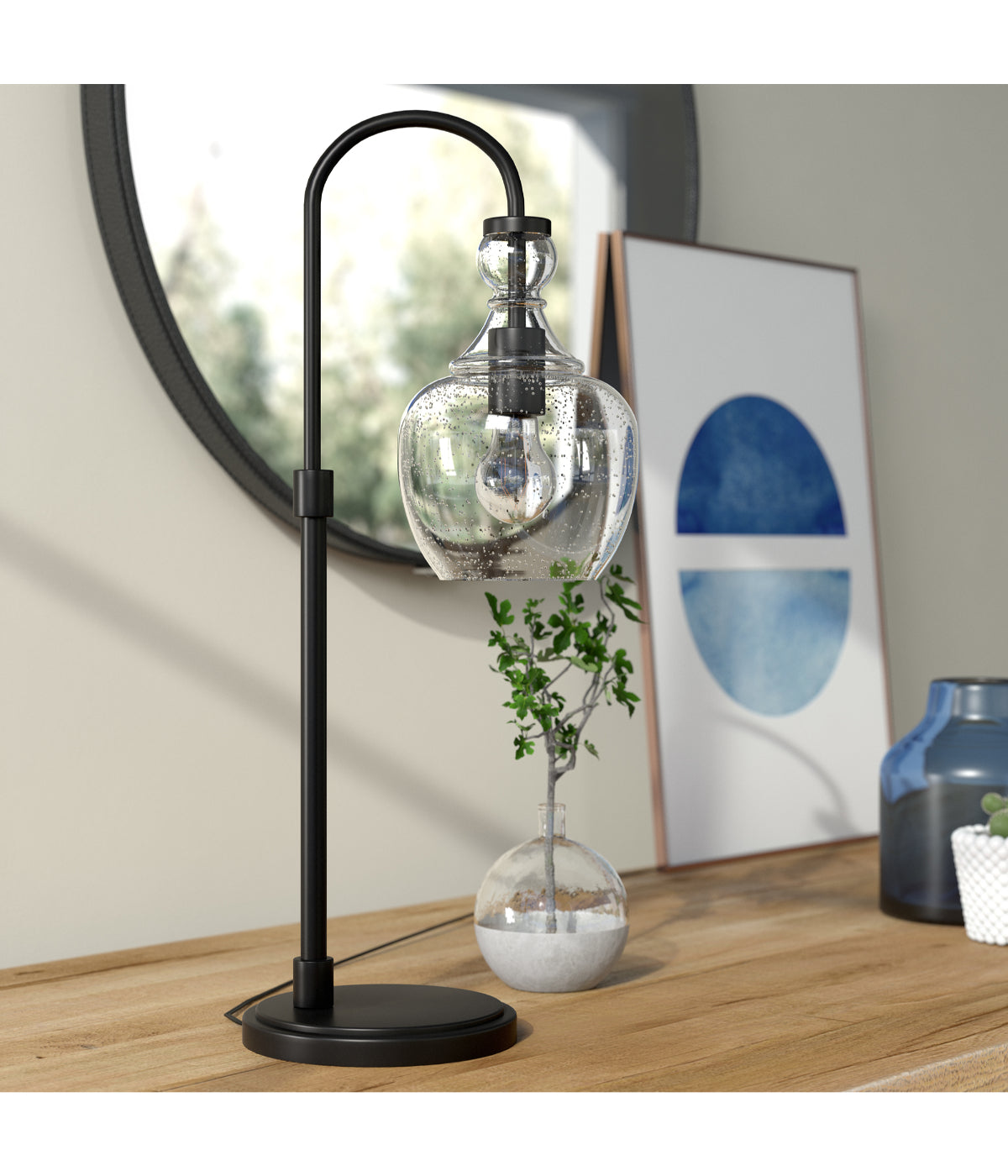 Bellini Arc Table Lamp with Glass Shade Blackened Bronze & Seeded