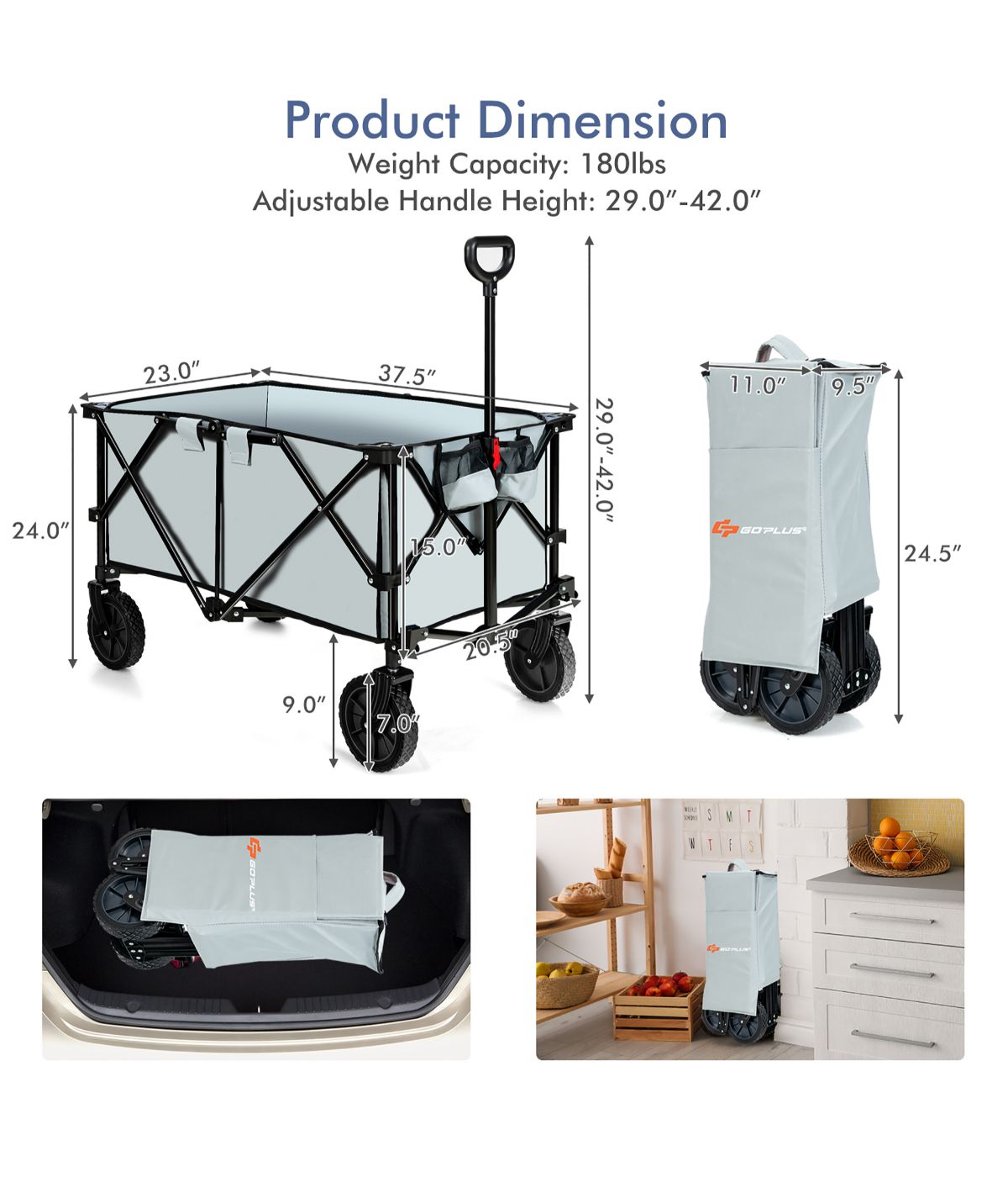 Folding Collapsible Wagon Utility Camping Cart With Wheels & Adjustable Handle Grey