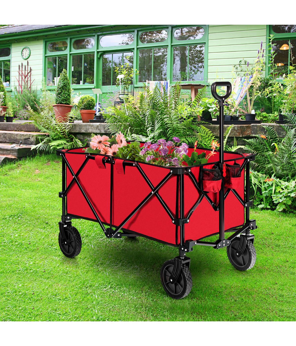  Folding Collapsible Wagon Utility Camping Cart With Wheels & Adjustable Handle Red - Red - Bonton