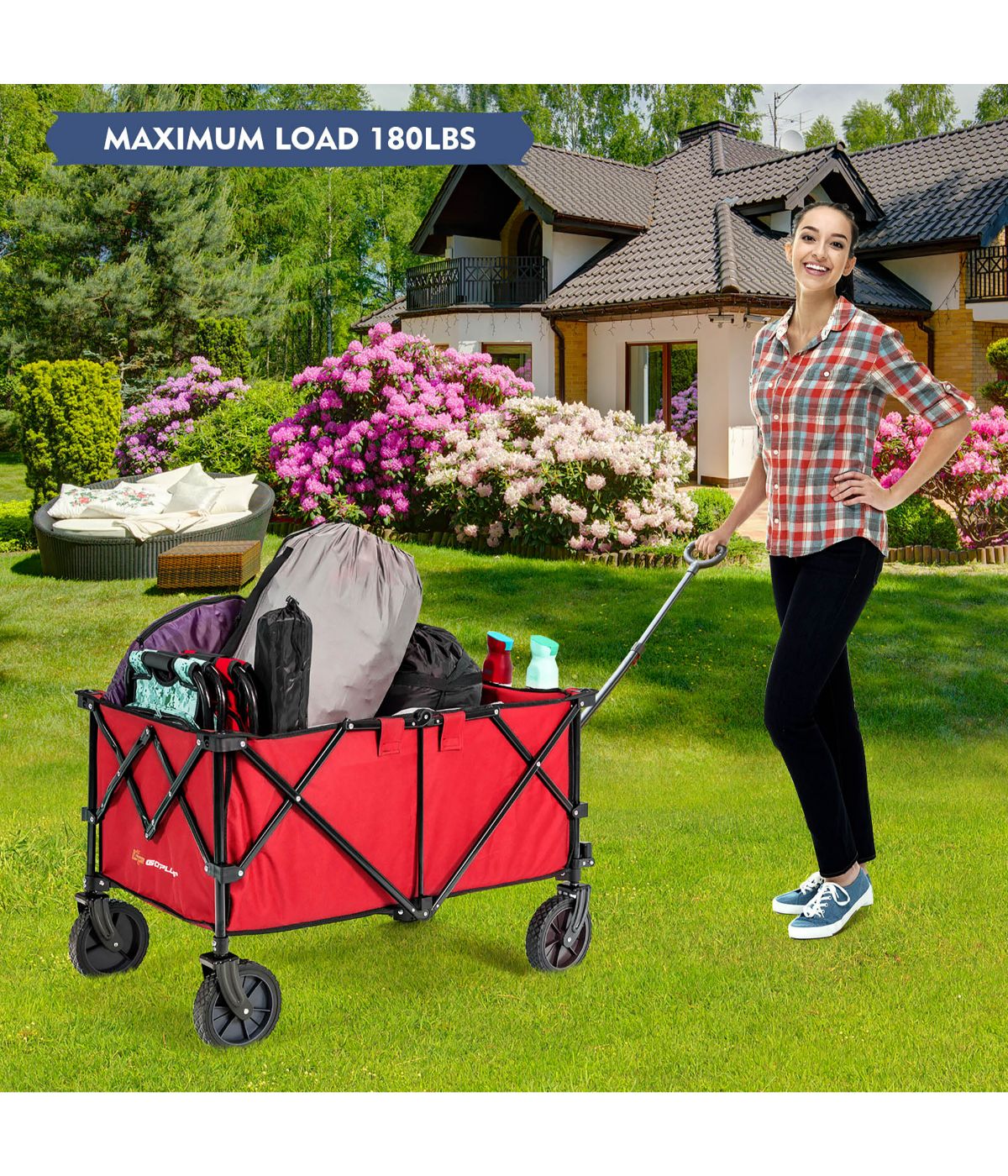  Folding Collapsible Wagon Utility Camping Cart With Wheels & Adjustable Handle Red - Red - Bonton