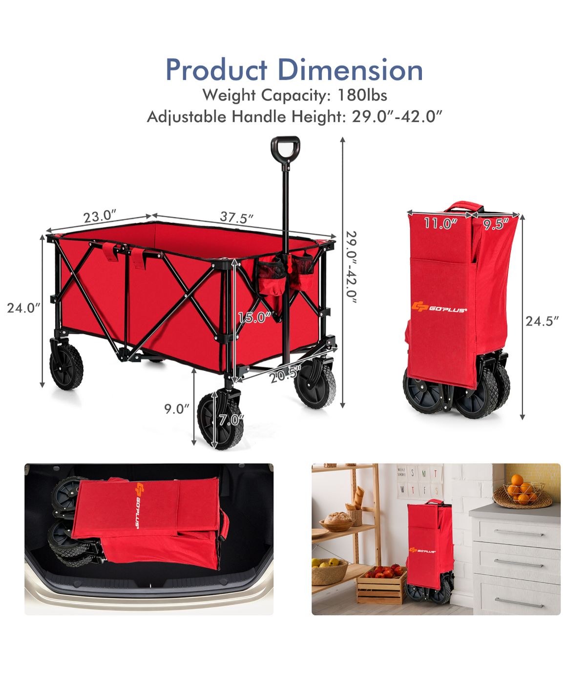  Folding Collapsible Wagon Utility Camping Cart With Wheels & Adjustable Handle Red - Red - Bonton