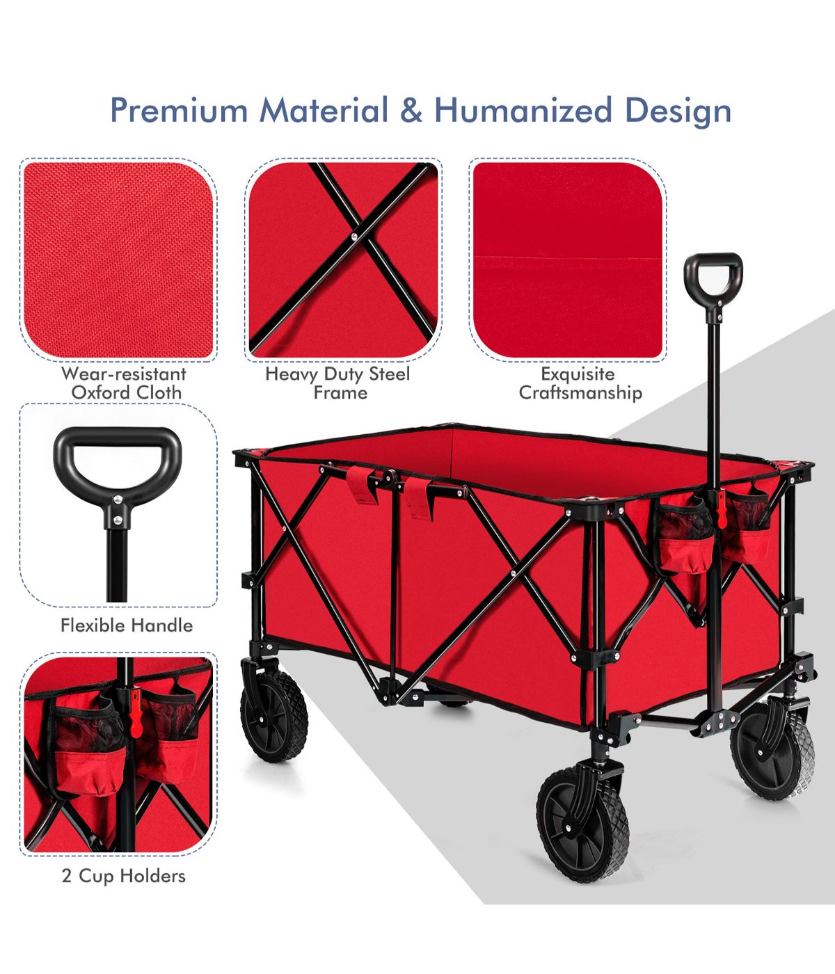  Folding Collapsible Wagon Utility Camping Cart With Wheels & Adjustable Handle Red - Red - Bonton