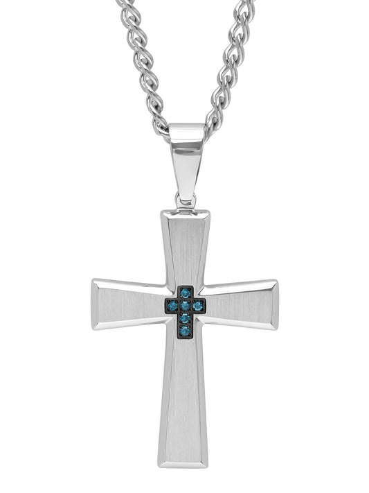 1/20Ctw Blue Diamond Stainless Steel Cross Pendant