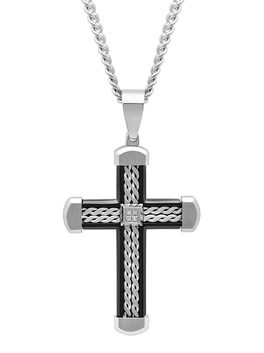 .03Ctw Stainless Steel With Black Ip Braid Design Cross Pendant