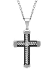 .03Ctw Stainless Steel With Black Ip Braid Design Cross Pendant