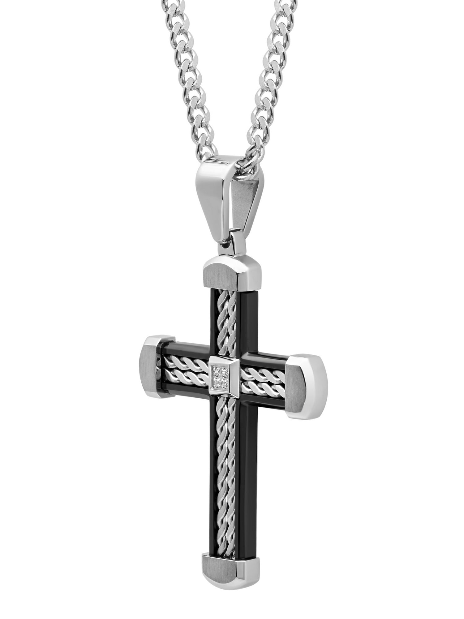  Steel Nation .03Ctw Stainless Steel With Black Ip Braid Design Cross Pendant - Silver\Black - Bonton