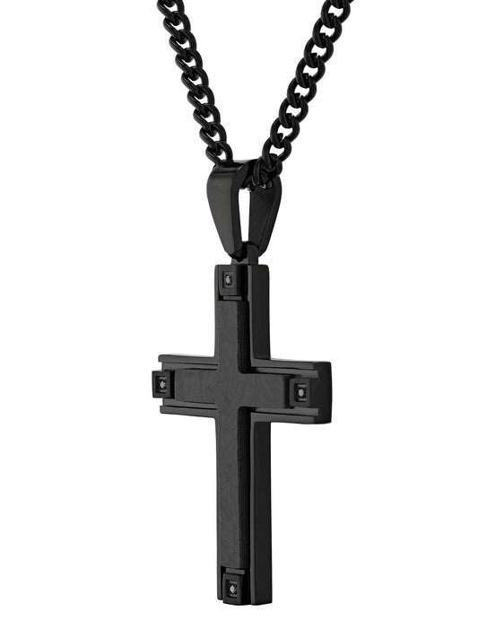 .034Ctw Black Diamond & Black Ip Stainless Steel With Forged Carbon Fiber Cross Pendant