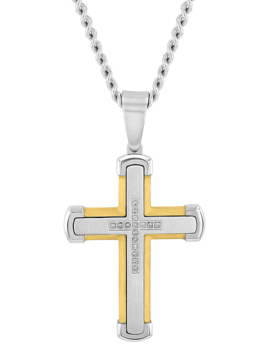 1/10Ctw Stainless Steel With Yellow Ip Cross Pendant