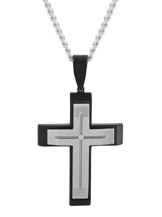 .03Ct Stainless Steel With Black Ip Cross Pendant