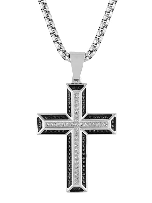 1/2Ctw Black & White Diamond Stainless Steel W/ Black Ip Cross Pendant