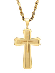 Stainless Steel With Yellow Ip Stacked Cross Pendant