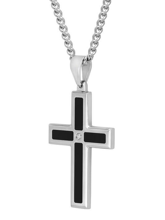 .02Ct Stainless Steel With Black Enamel Cross Pendant