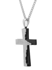 Stainless Steel With Black Ip Lord'S Prayer Cross Pendant