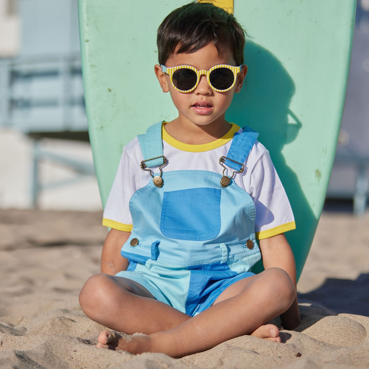  Dotty Dungarees Tonal Colourblock Overall Shorts - Blue - Bonton