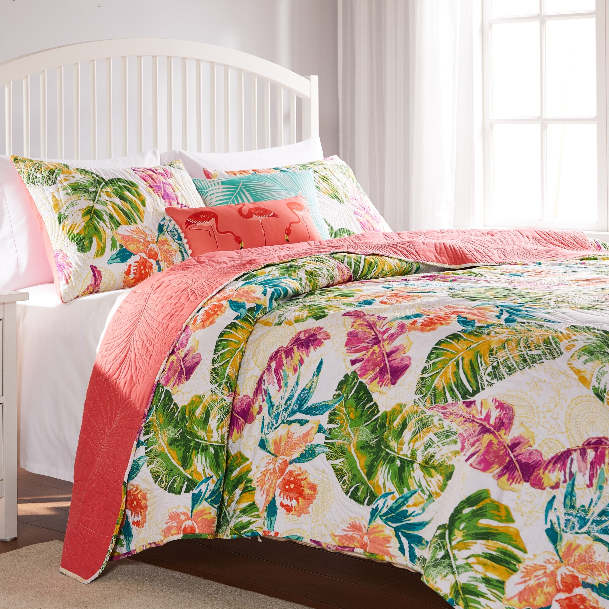  Greenland Home Fashions Tropics Reversible Coastal Palm Quilt Set - Coral - Bonton