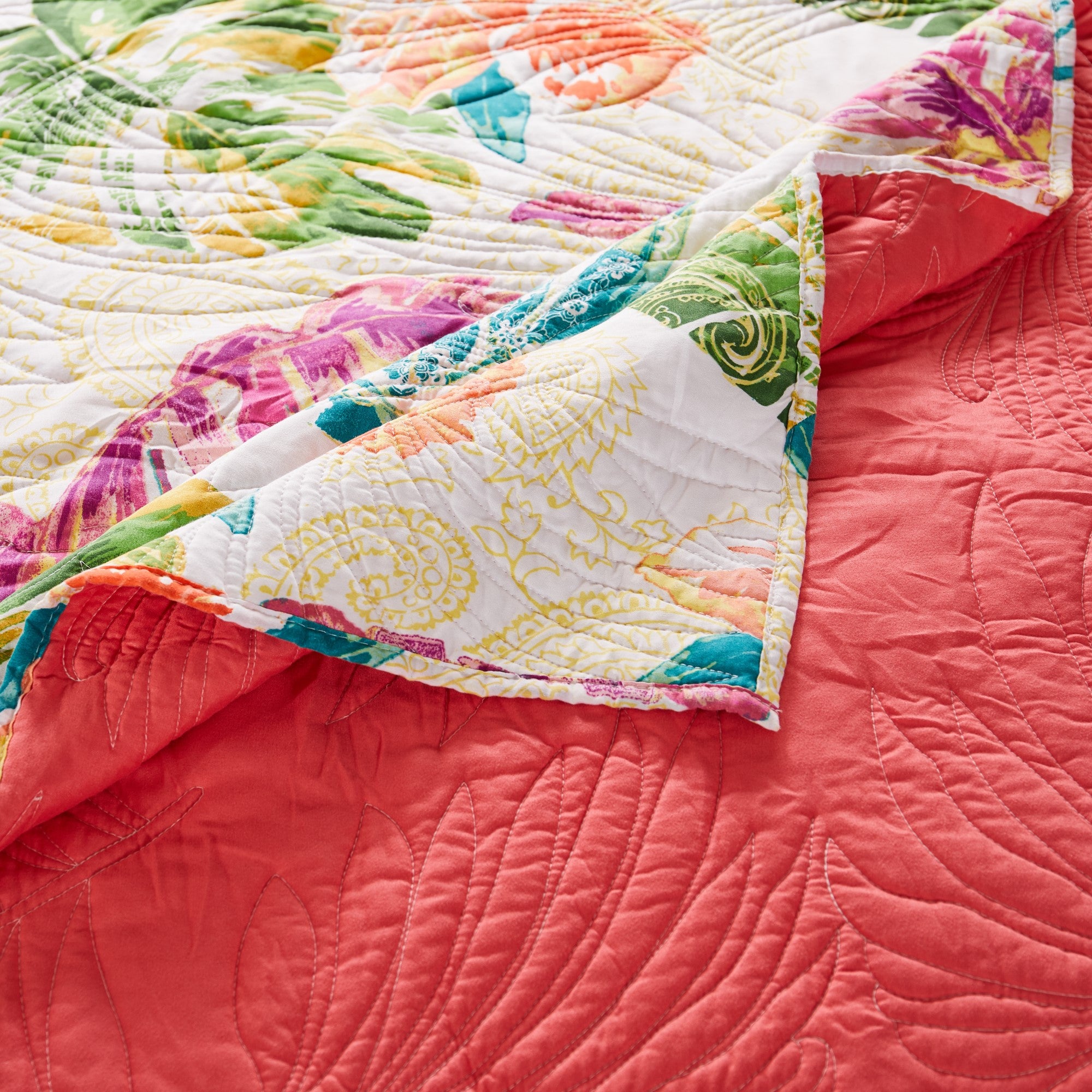  Greenland Home Fashions Tropics Reversible Coastal Palm Quilt Set - Coral - Bonton