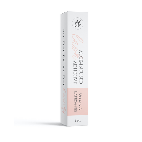 The packaging of the aloe-infused lash adhesive from the A Touch of Heaven Lash & Glue Bundle by True Beauty Lashes, highlighting its vegan, latex-free formula for sensitive eyes.