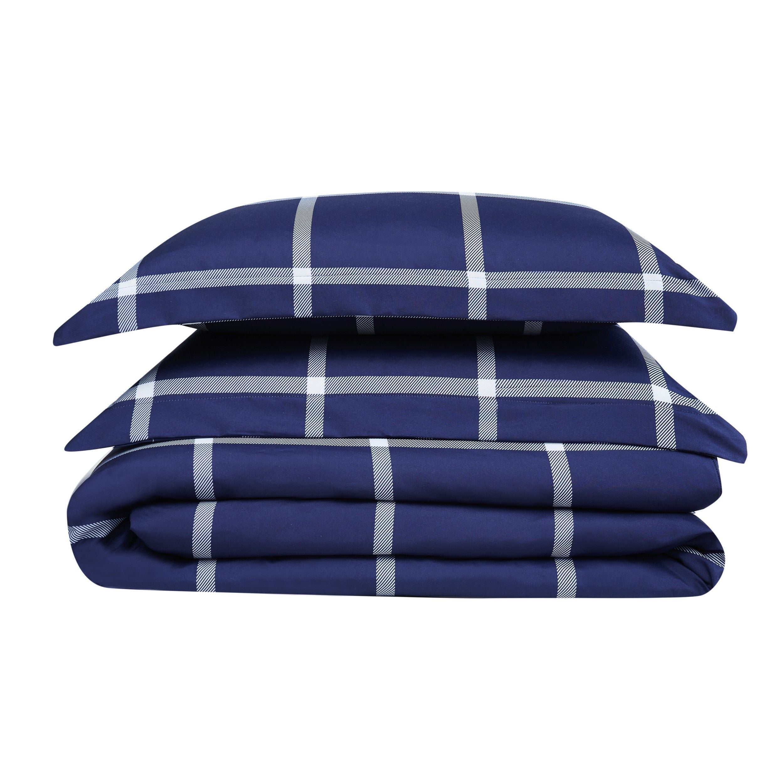  Truly Soft Printed Windowpane Comforter Set - White and Navy - Bonton