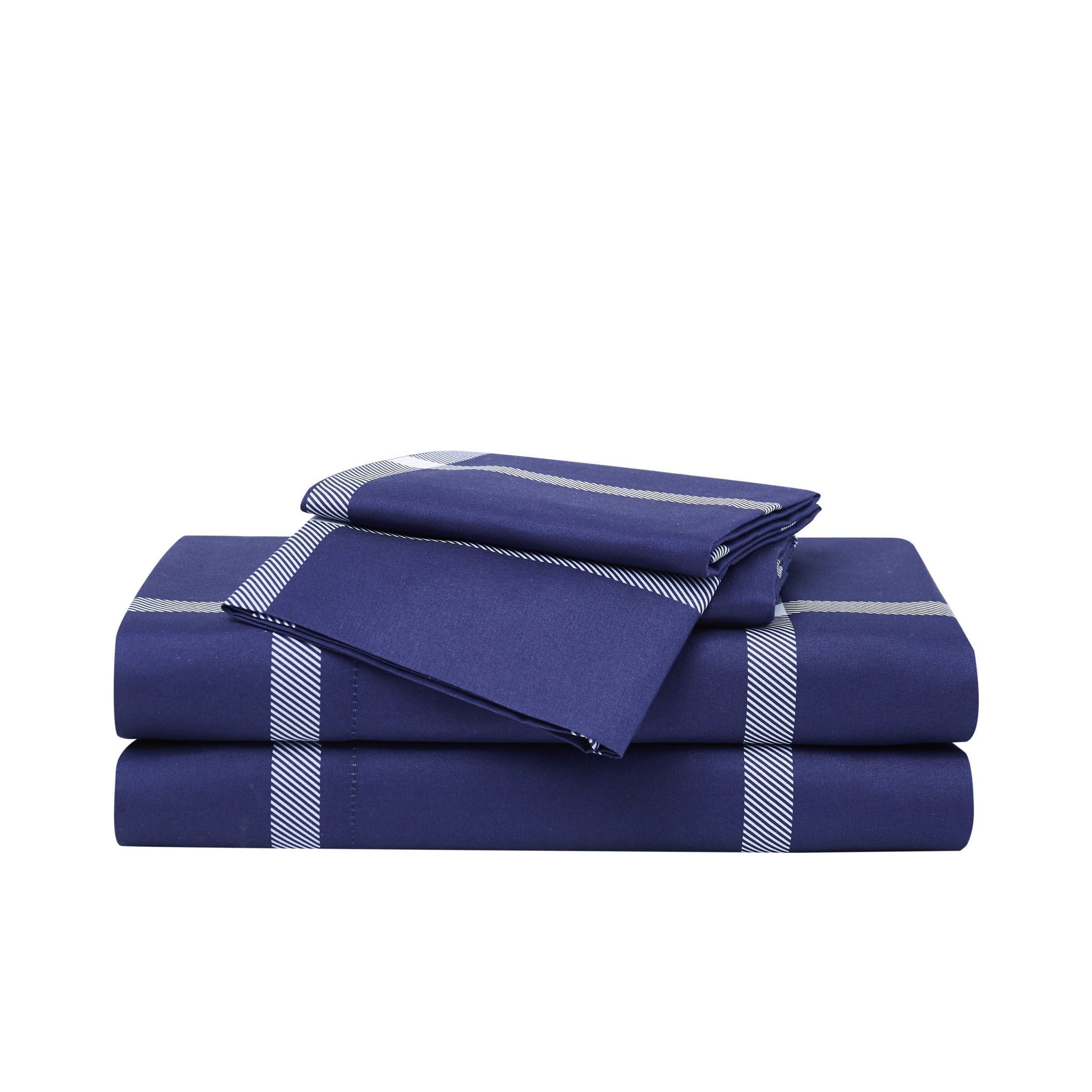  Truly Soft Printed Windowpane Sheet Set - White and Navy - Bonton