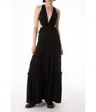 Tullamore Halter Neck Ruffled Trim Layered Skirt with Elastic Strap Maxi Dress Black