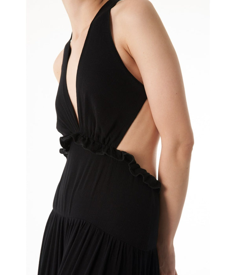 Tullamore Halter Neck Ruffled Trim Layered Skirt with Elastic Strap Maxi Dress Black