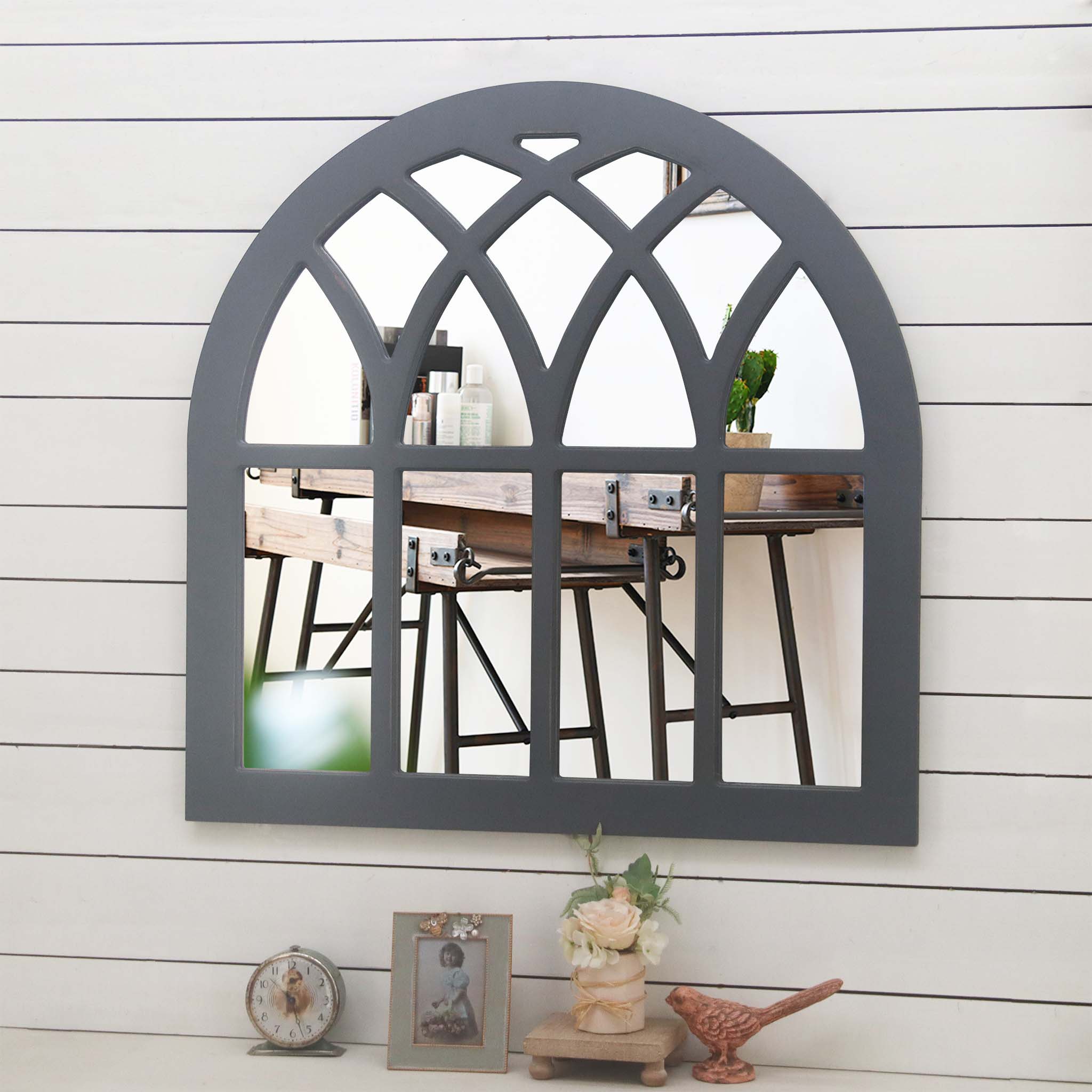  Paris Loft Farmhouse Arched Window Mirror, Cathedral Mirror - Gray - Bonton