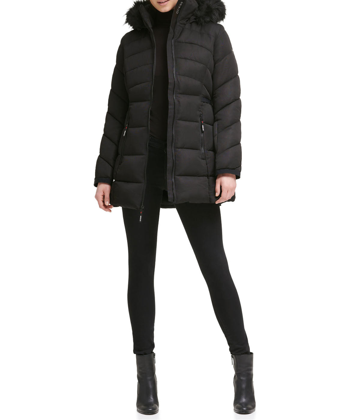  GUESS Faux Fur Trim Puffer Black Jacket - Black - Bonton