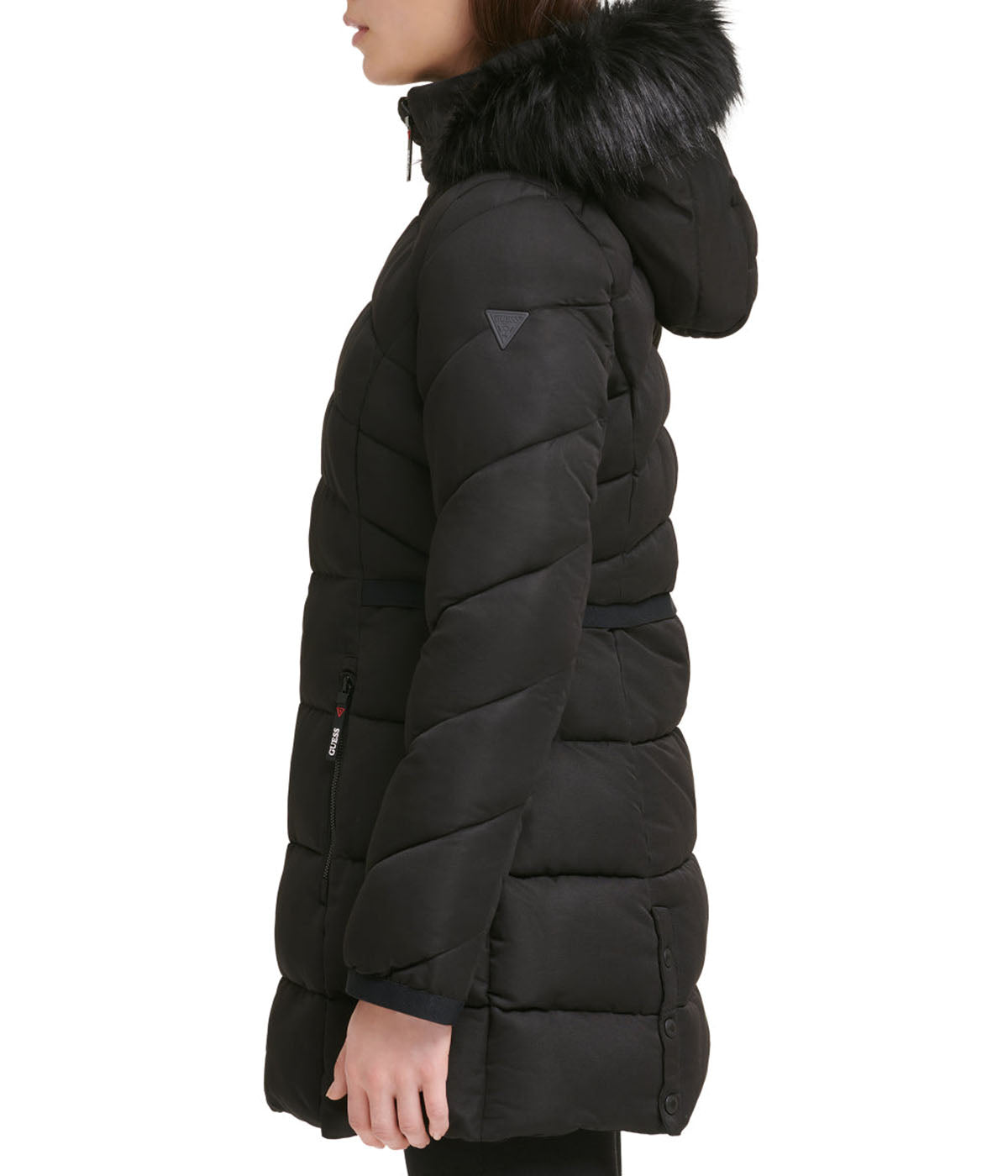  GUESS Faux Fur Trim Puffer Black Jacket - Black - Bonton