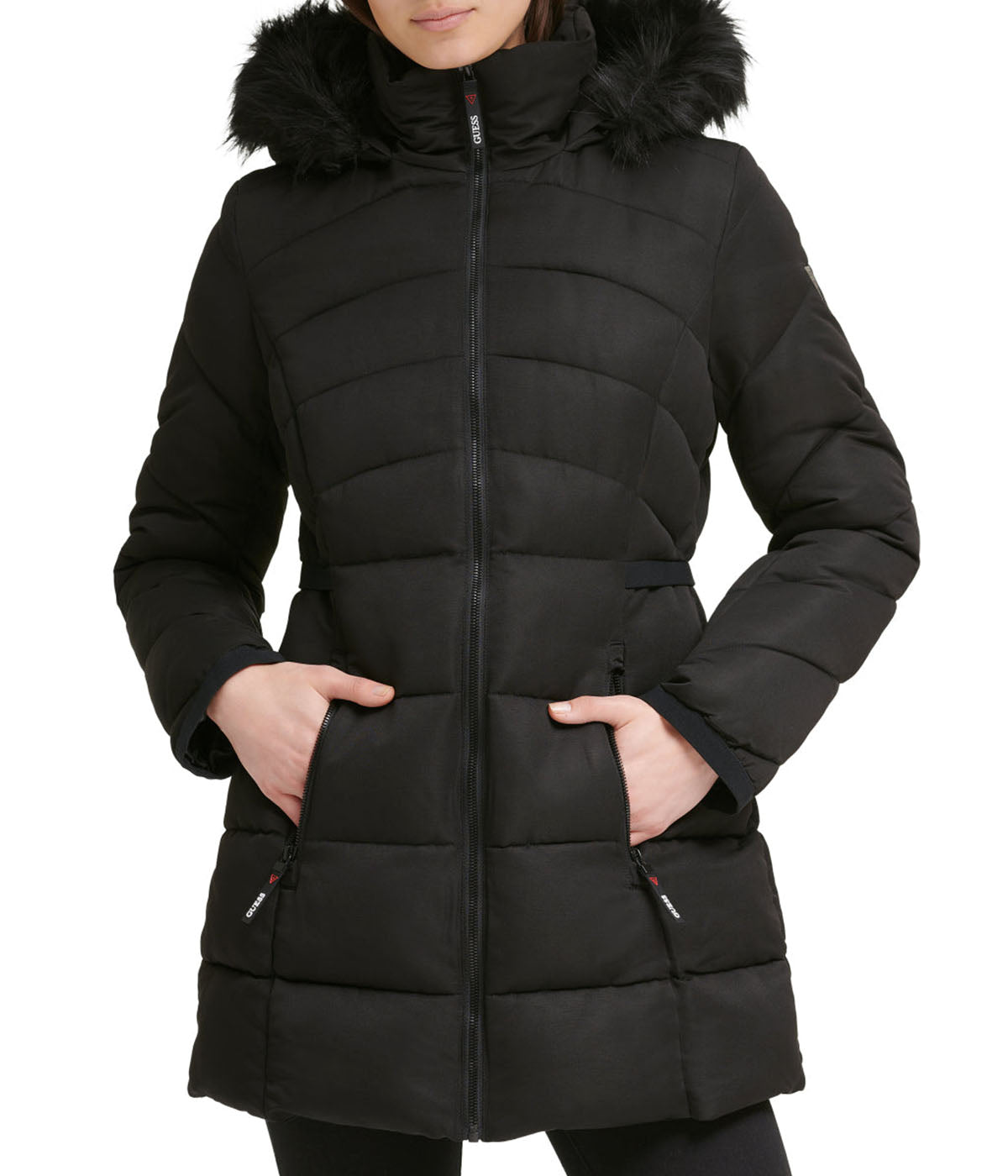  GUESS Faux Fur Trim Puffer Black Jacket - Black - Bonton