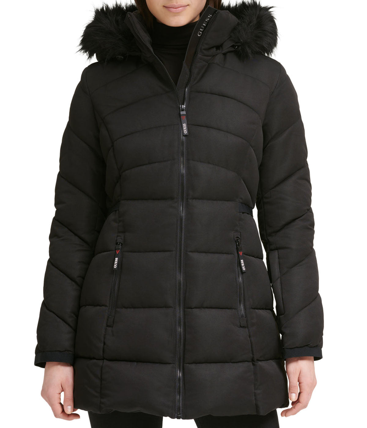  GUESS Faux Fur Trim Puffer Black Jacket - Black - Bonton