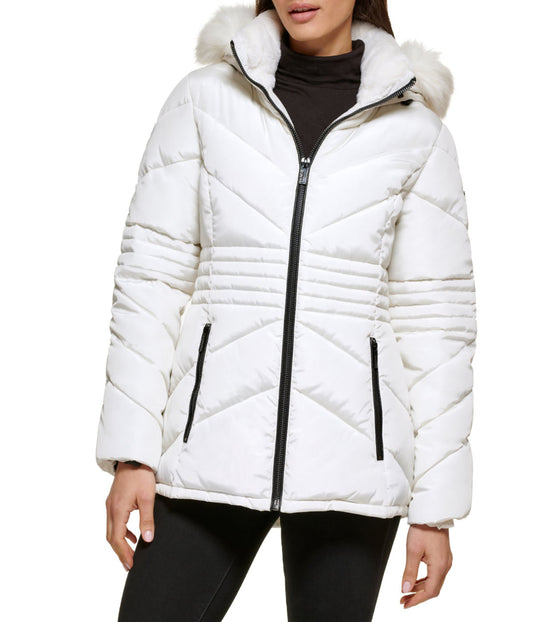 Faux Fur Trim Puffer Milk Jacket