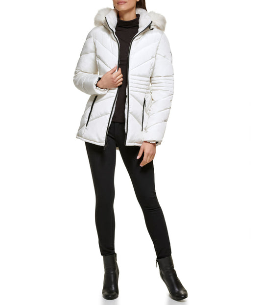 Faux Fur Trim Puffer Milk Jacket