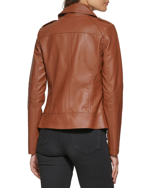 Faux Leather Asymmetrical Cognac Moto Jacket