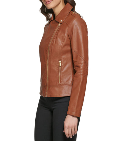 Faux Leather Asymmetrical Moto Jacket Cognac