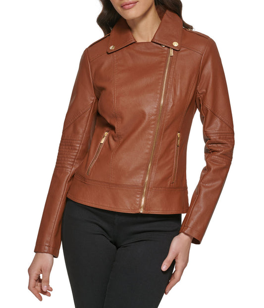 Faux Leather Asymmetrical Cognac Moto Jacket