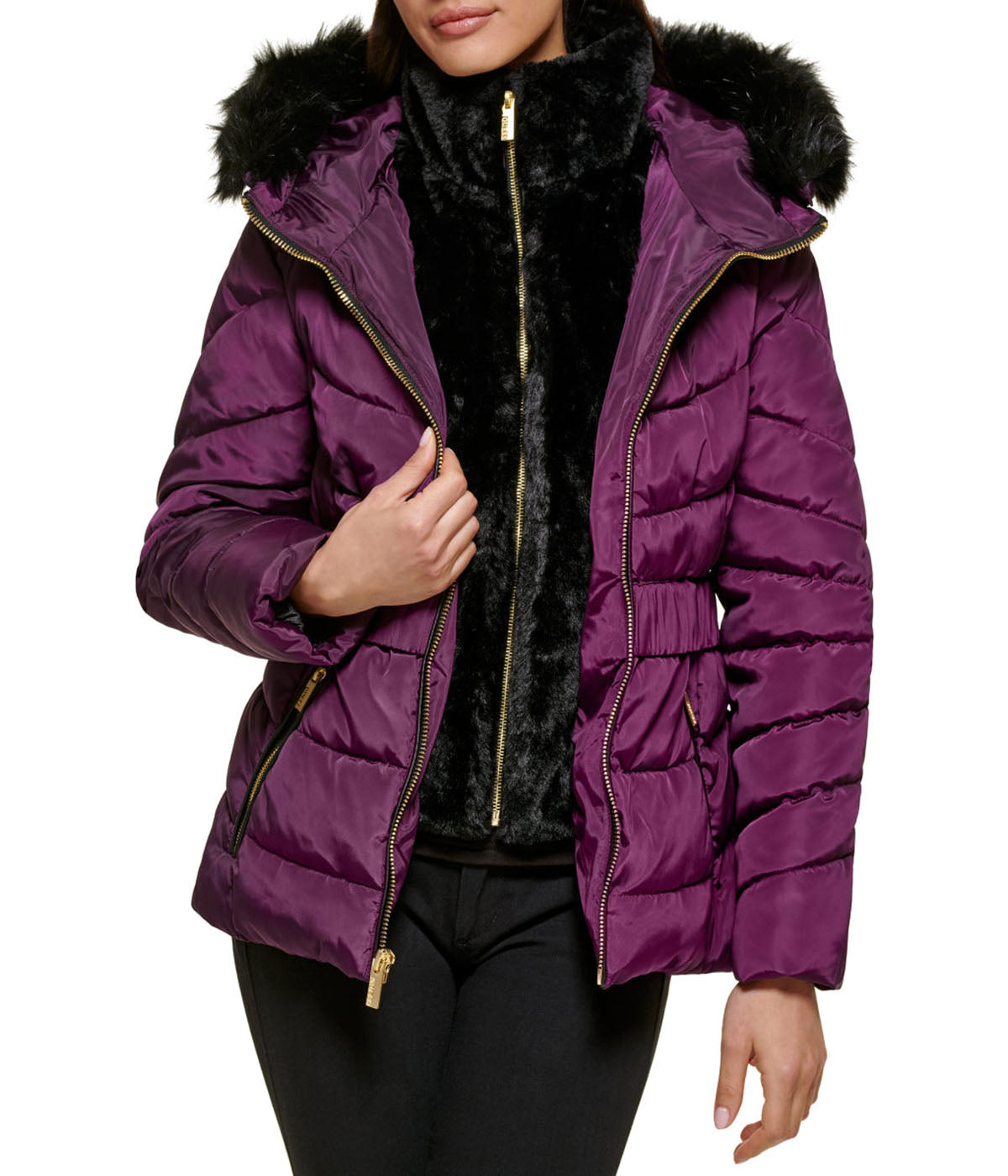  GUESS Faux Fur Trim Eggplant Puffer Jacket - Eggplant - Bonton