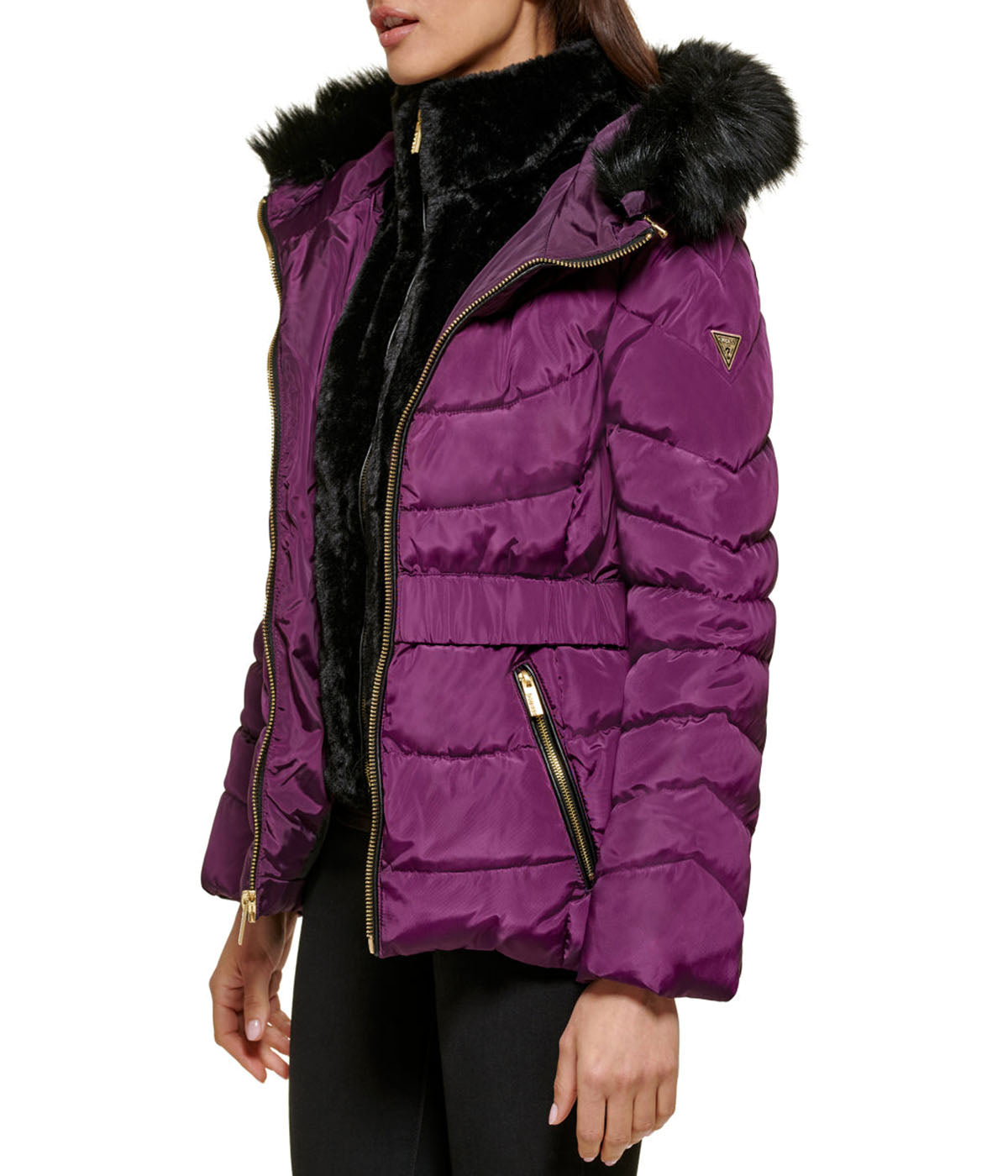  GUESS Faux Fur Trim Eggplant Puffer Jacket - Eggplant - Bonton