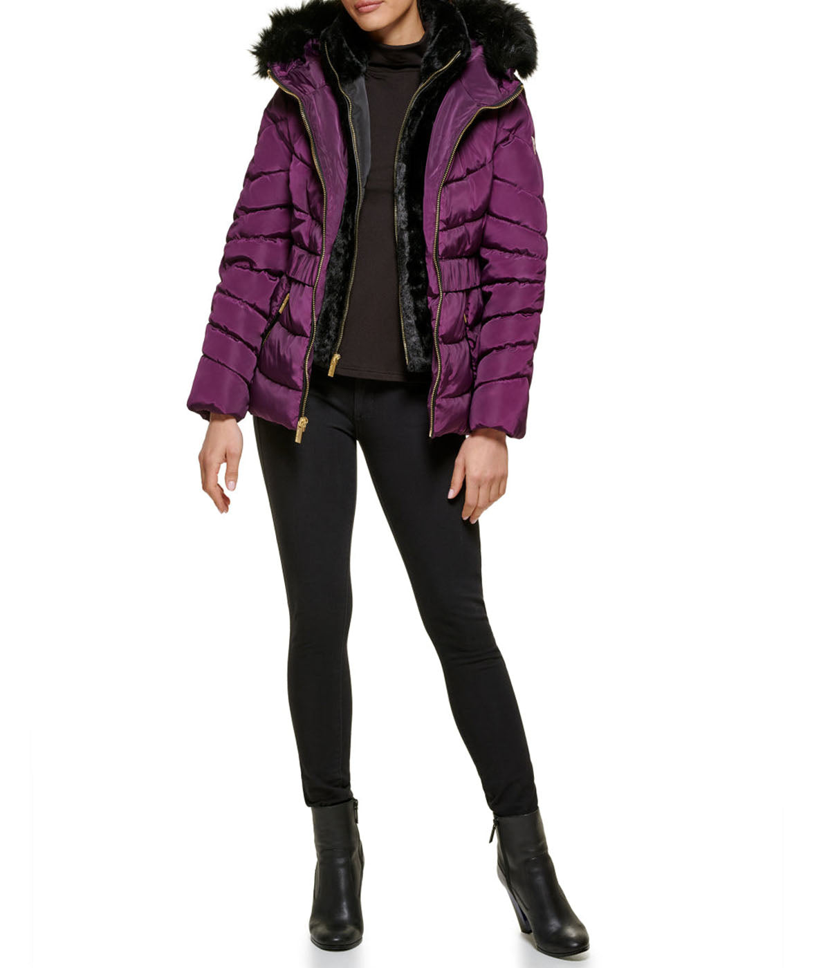  GUESS Faux Fur Trim Eggplant Puffer Jacket - Eggplant - Bonton