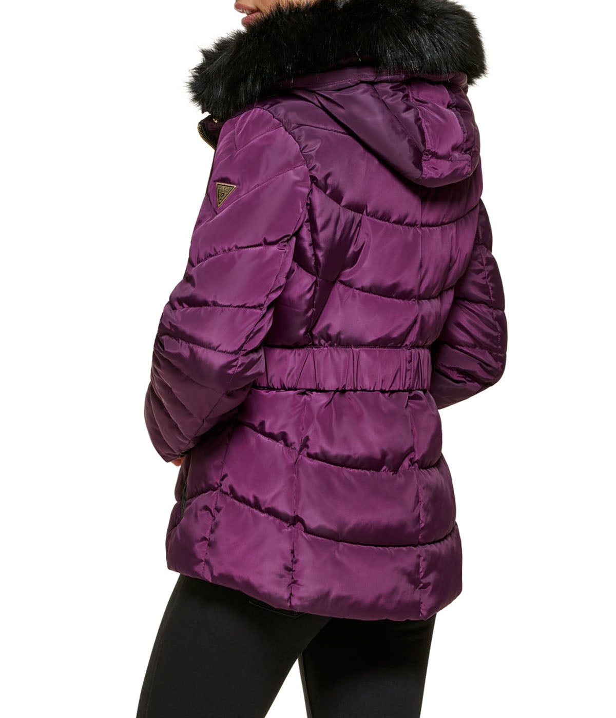  GUESS Faux Fur Trim Eggplant Puffer Jacket - Eggplant - Bonton