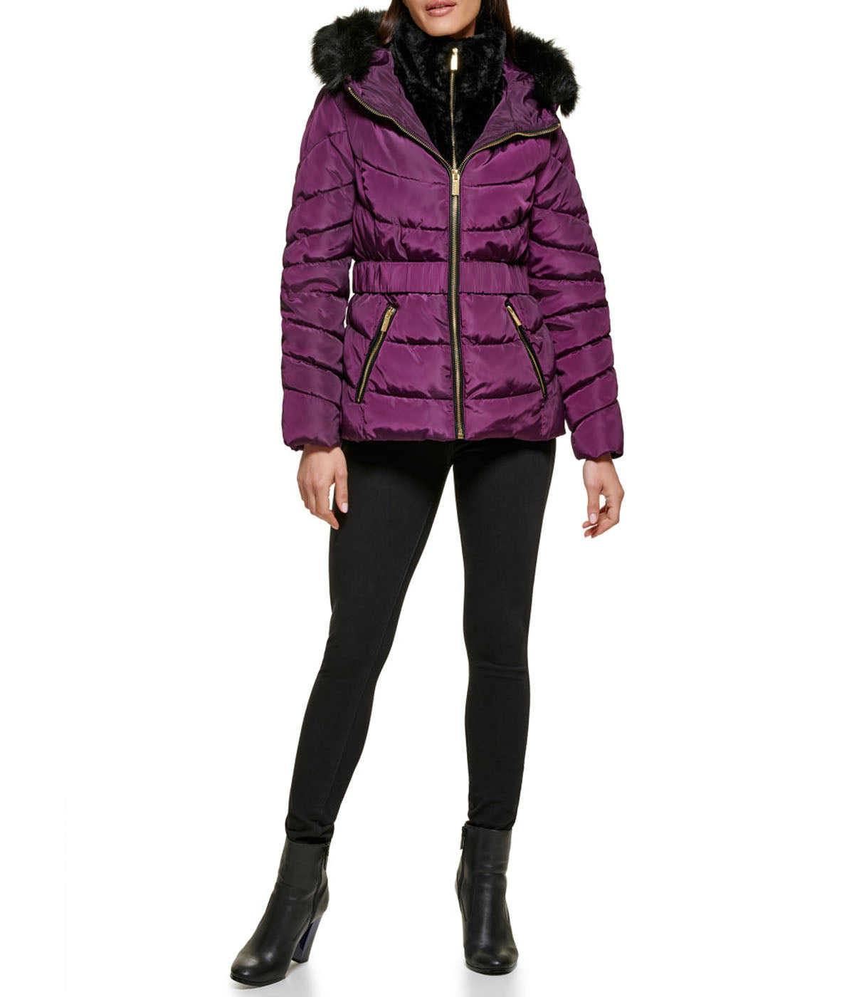  GUESS Faux Fur Trim Eggplant Puffer Jacket - Eggplant - Bonton