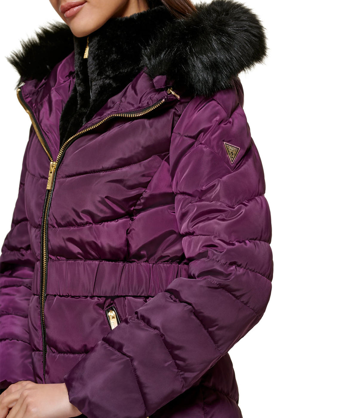  GUESS Faux Fur Trim Eggplant Puffer Jacket - Eggplant - Bonton